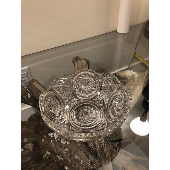 Vintage Cut Crystal Glass Serving Bowl w/ Pinwheel Star Pattern Tooth Edge - Picture 13 of 13
